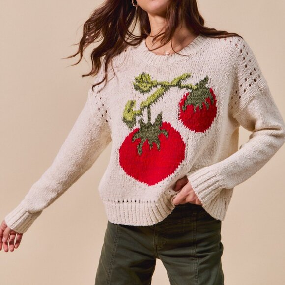 SO ME Tomato Graphic Knit Sweater Cream Red Green Garden Girl Cottagecore Y2K - Picture 2 of 10